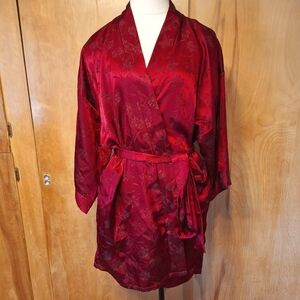 Fredrick's of Hollywood Red Satin Floral Short Robe, Size Medium